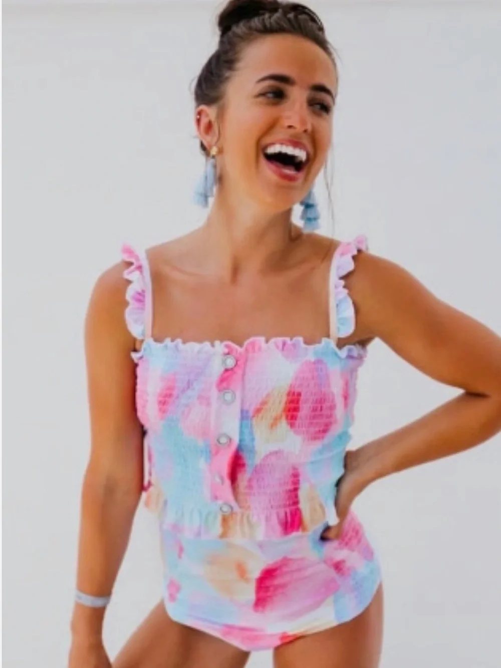 RAD swim Betsey Smocked Tankini Top tank rainbow lined tie-up corset style swim